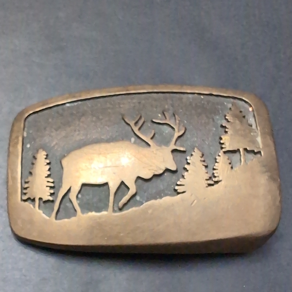 VGT,1980 Indiana Metal Craft Solid Bronze Buckle Features An Elk In The Wild.